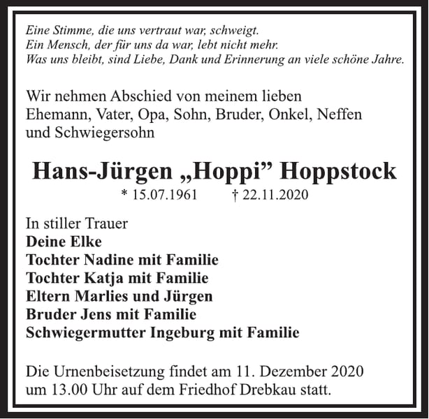 Traueranzeige Hans-Jürgen „Hoppi“ Hoppstock