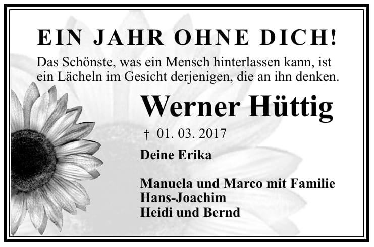 Traueranzeige Werner Hüttig