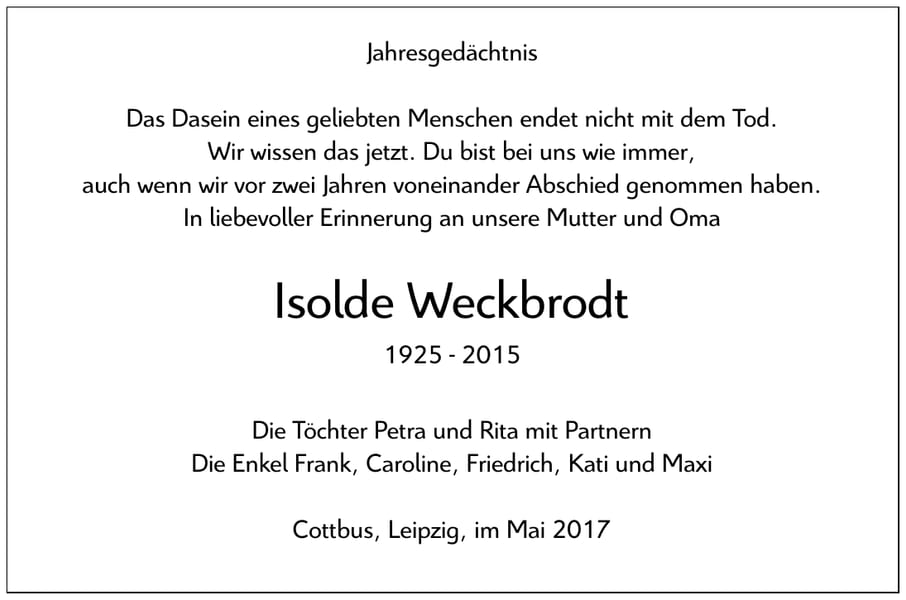 Jahresgedenken Isolde Weckbrodt