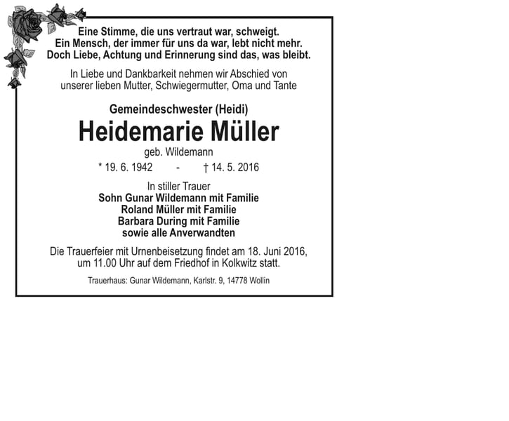 Traueranzeige Heidemarie Müller, geb. Wildemann