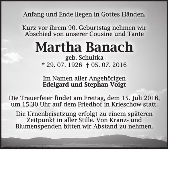 Traueranzeige Martha Banach, geb. Schultka