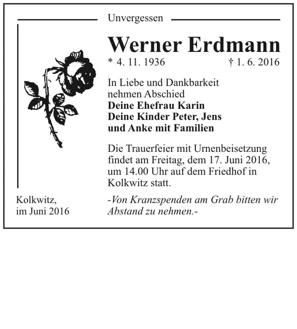 Traueranzeige Werner Erdmann