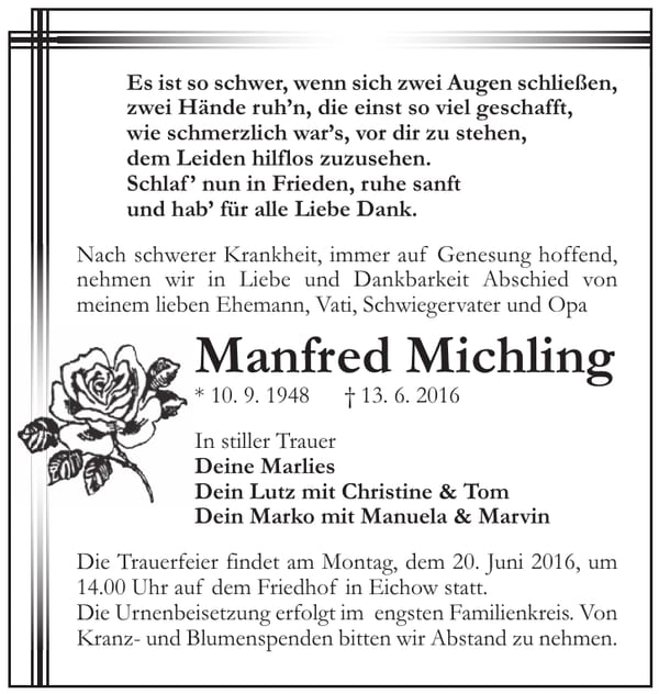 Traueranzeige Manfred Michling