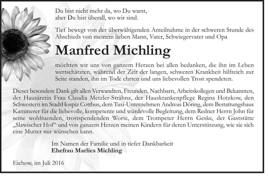 Danksagung Manfred Michling