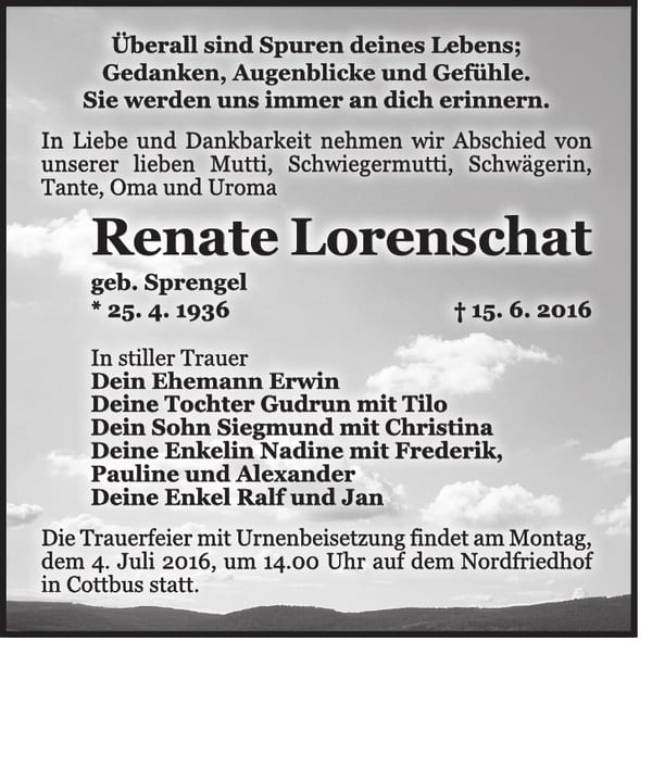 Traueranzeige Renate Lorenschat, geb. Sprengel