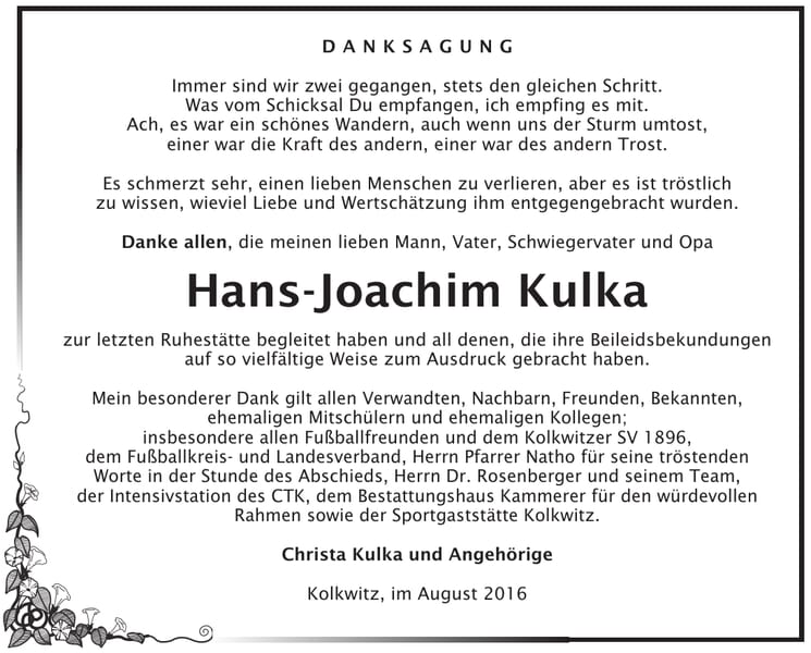 Danksagung Hans-Joachim Kulka