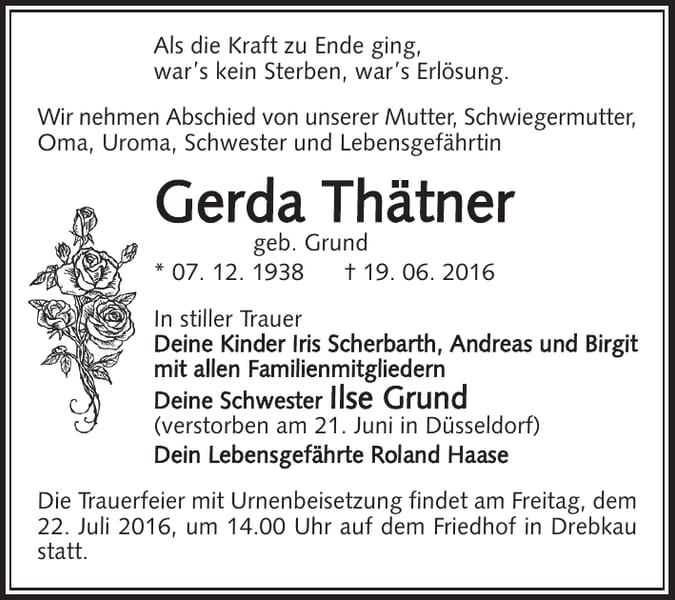 Traueranzeige Gerda Thätner, geb. Grund