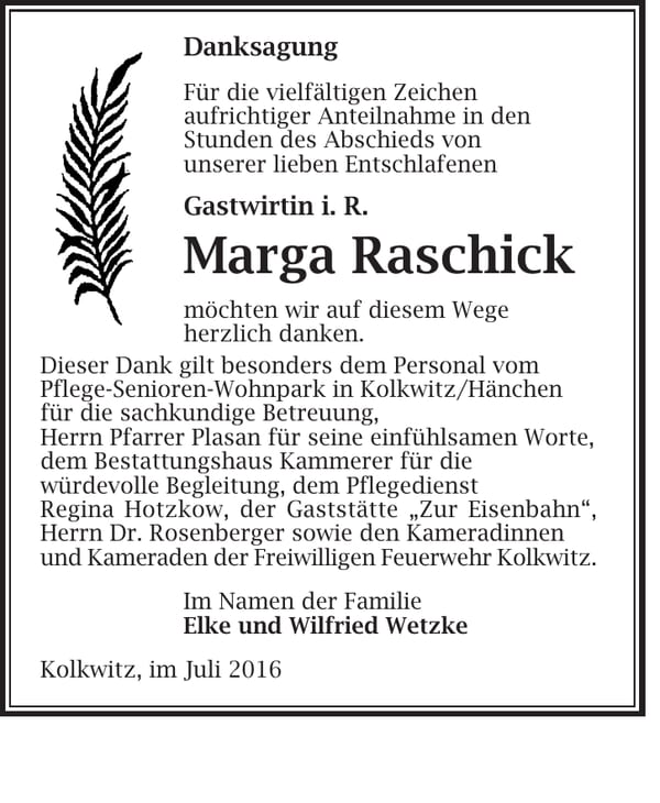 Danksagung Marga Raschick