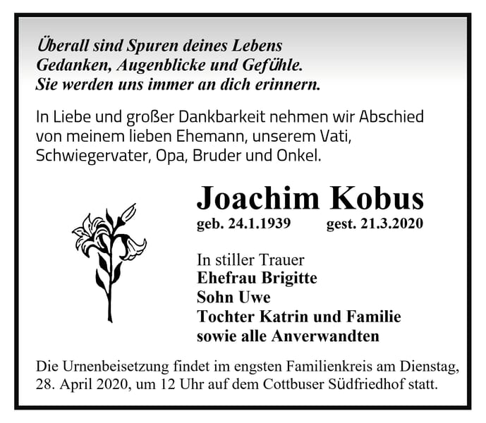 Traueranzeige Joachim Kobus