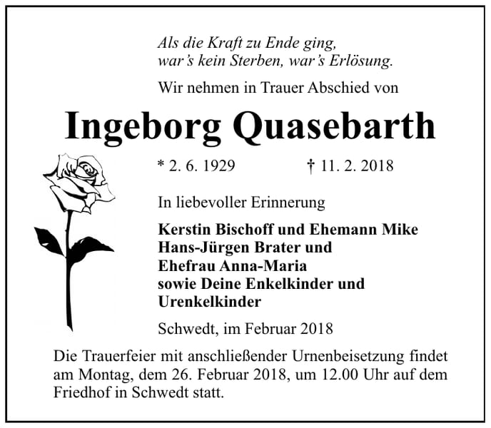 Traueranzeige Ingeborg Quasebarth
