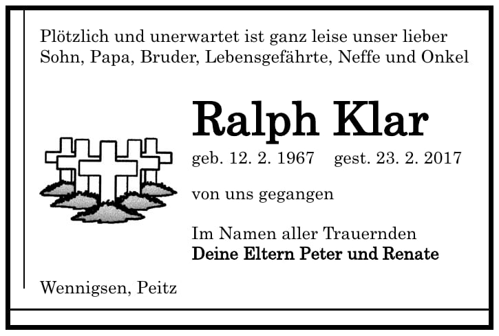 Traueranzeige Ralph Klar