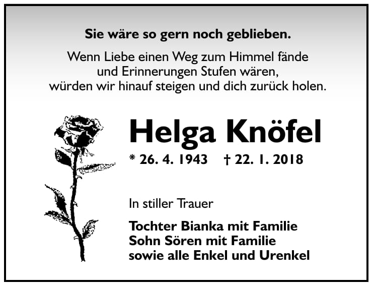 Traueranzeige Helga Knöfel
