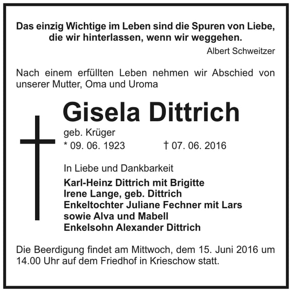 Traueranzeige Gisela Dittrich, geb. Krüger