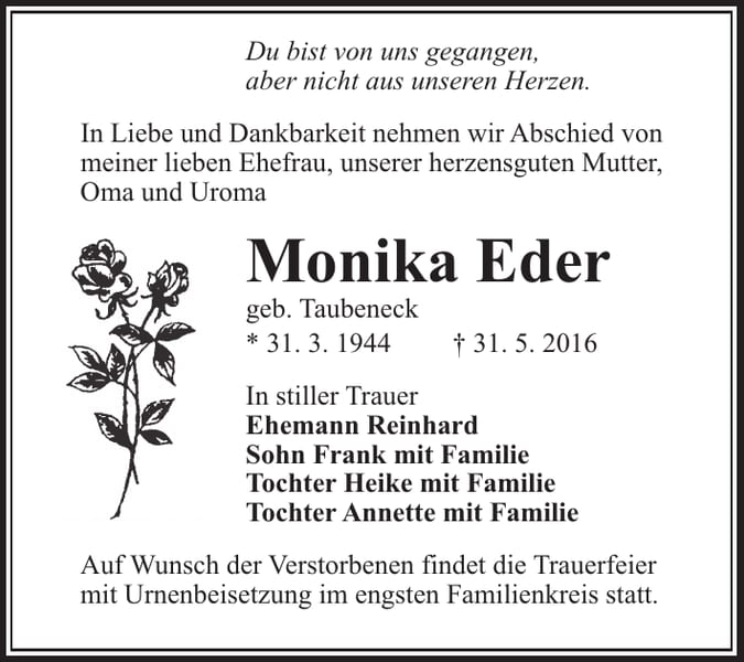 Traueranzeige Monika Eder, geb. Taubeneck