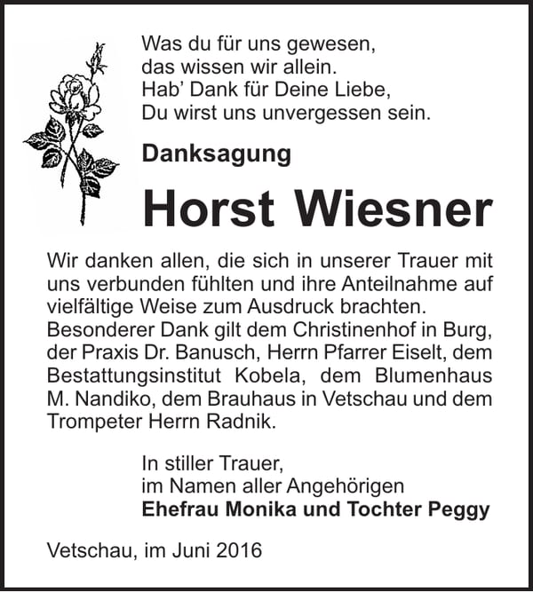 Danksagung Horst Wiesner