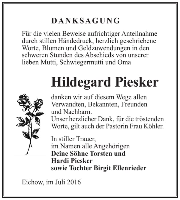 Danksagung Hildegard Piesker