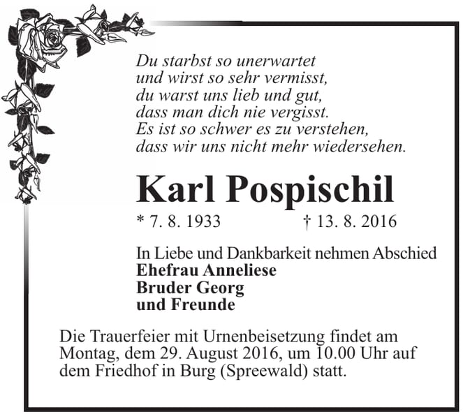 Traueranzeige Karl Pospischil