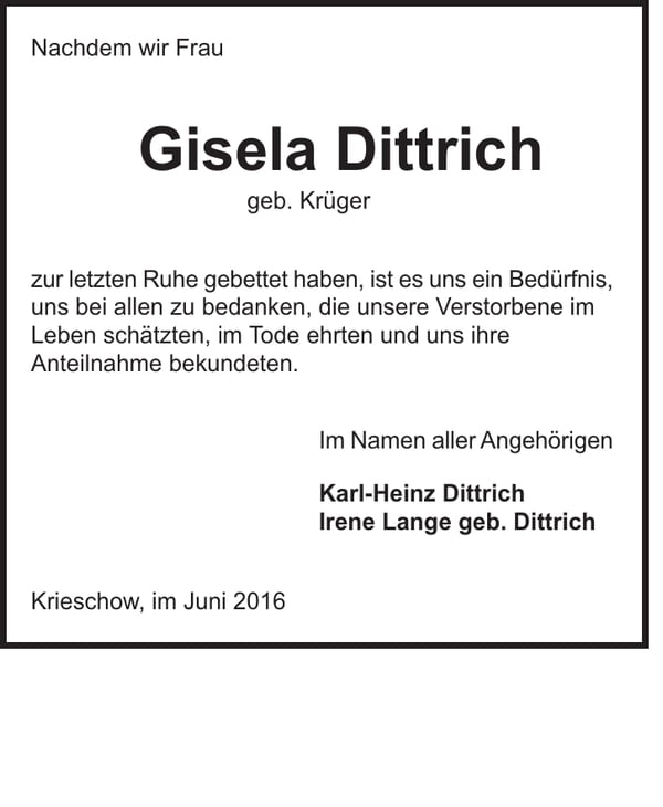 Danksagung Gisela Dittrich, geb. Krüger