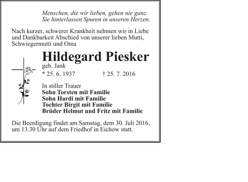 Traueranzeige Hildegard Piesker, geb. Jank