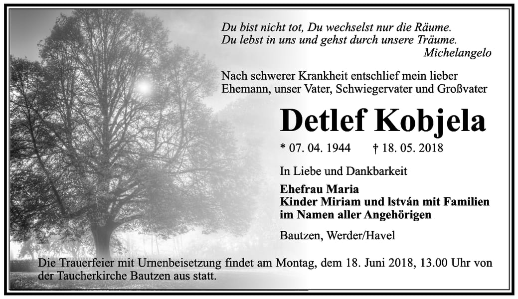 Traueranzeige Detlef Kobjela