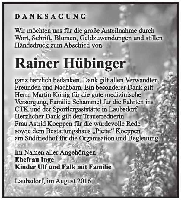 Danksagung Rainer Hübinger