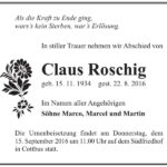 Traueranzeige Claus Roschig