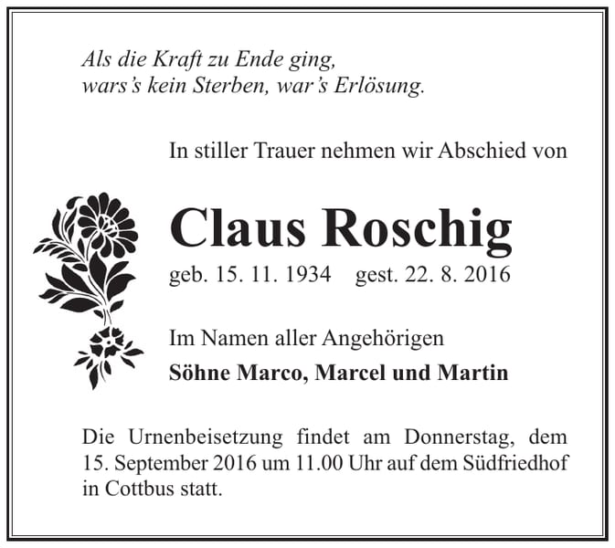 Traueranzeige Claus Roschig