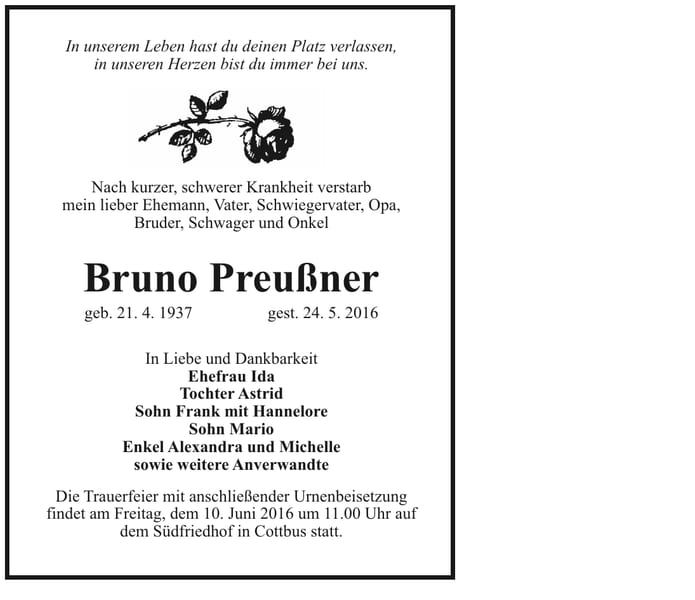 Traueranzeige Bruno Preußner