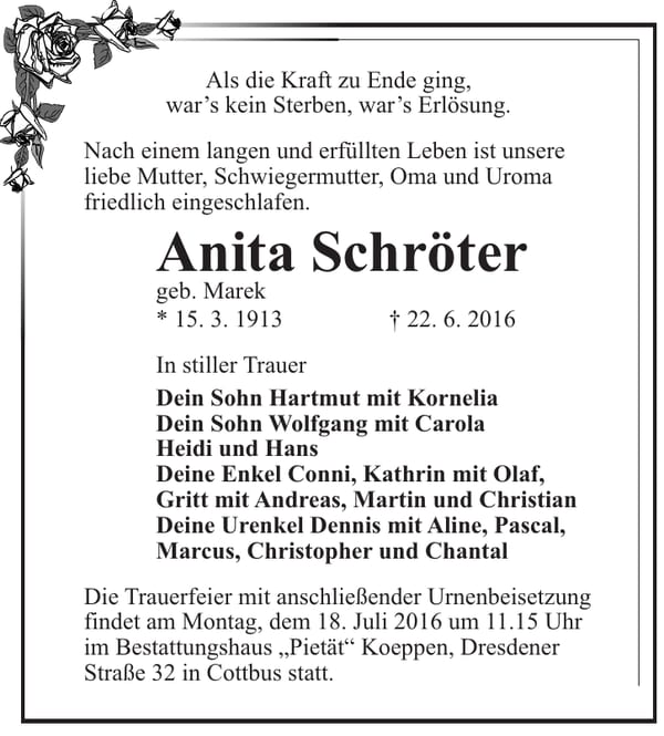 Traueranzeige Anita Schröter, geb. Marek