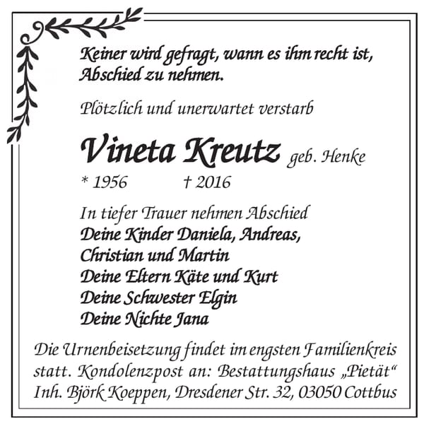 Traueranzeige Vineta Kreutz, geb. Henke