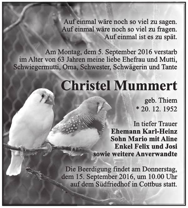 Traueranzeige Christel Mummert, geb. Thiem