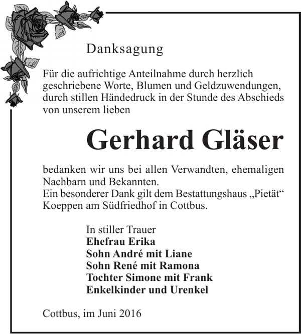 Danksagung Gerhard Gläser