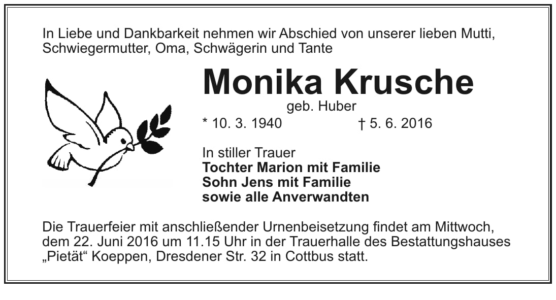 Traueranzeige Monika Krusche, geb. Huber