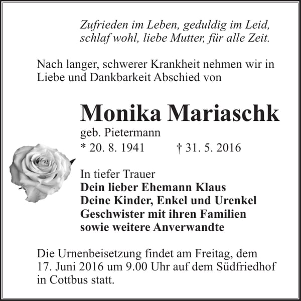 Traueranzeige Monika Mariaschk, geb. Pietermann