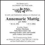 Traueranzeige Annemarie Mattig, geb. Müller