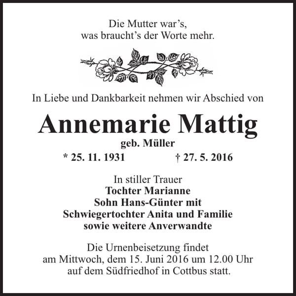 Traueranzeige Annemarie Mattig, geb. Müller