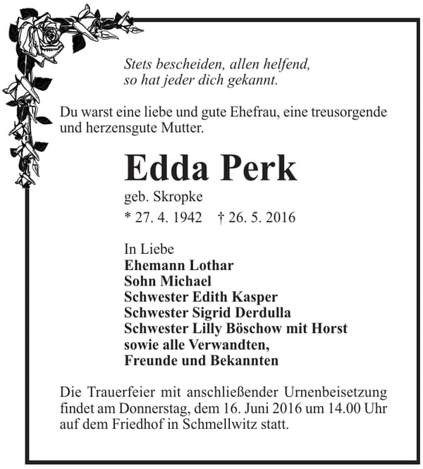 Traueranzeige Edda Perk, geb. Skropke