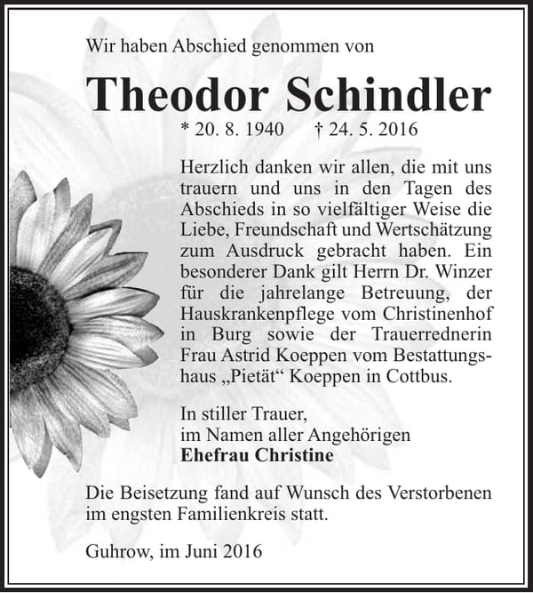 Danksagung Theodor Schindler