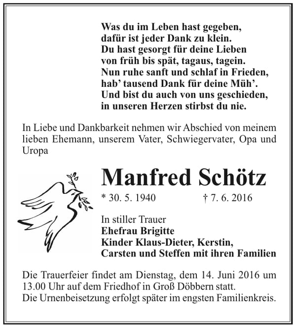 Traueranzeige Manfred Schötz