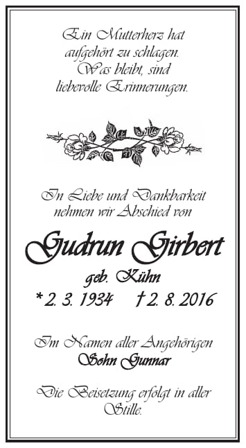Traueranzeige Gudrun Girbert, geb. Kühn