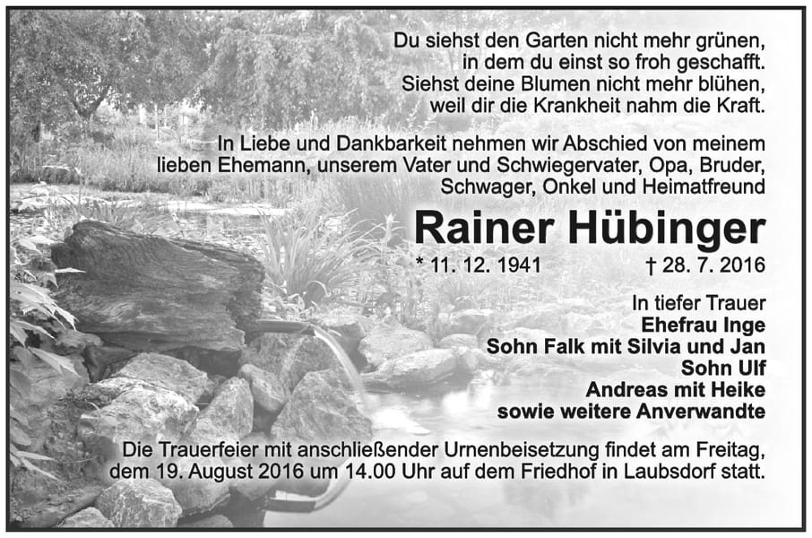 Traueranzeige Rainer Hübinger
