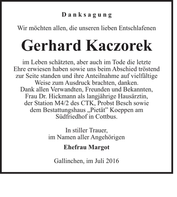 Danksagung Gerhard Kaczorek