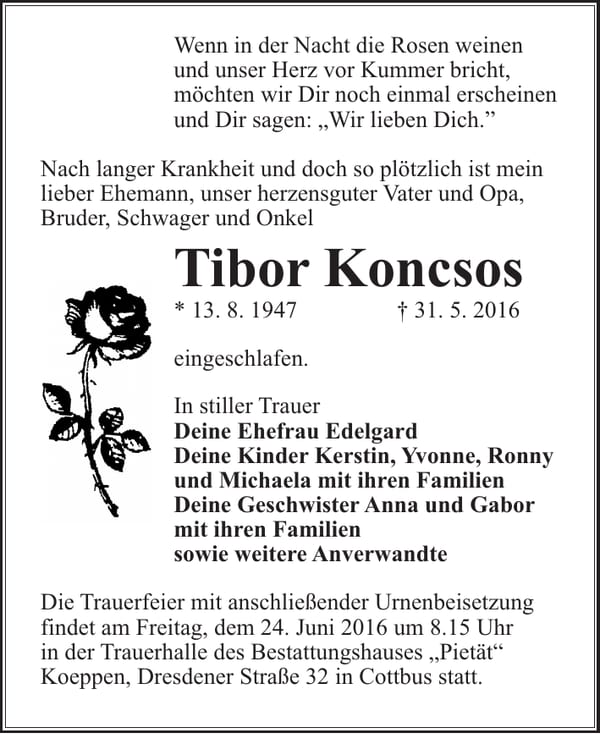 Traueranzeige Tibor Koncsos