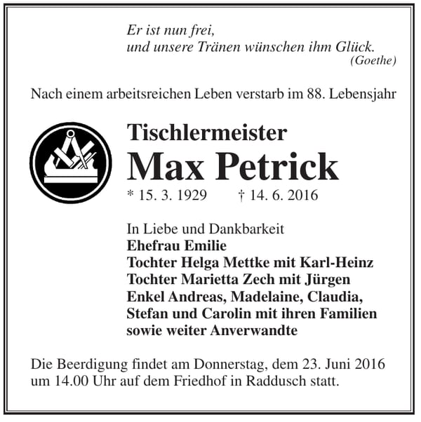 Traueranzeige Max Petrick