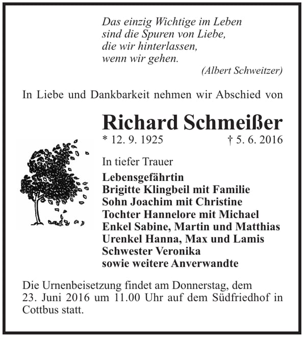 Traueranzeige Richard Schmeißer
