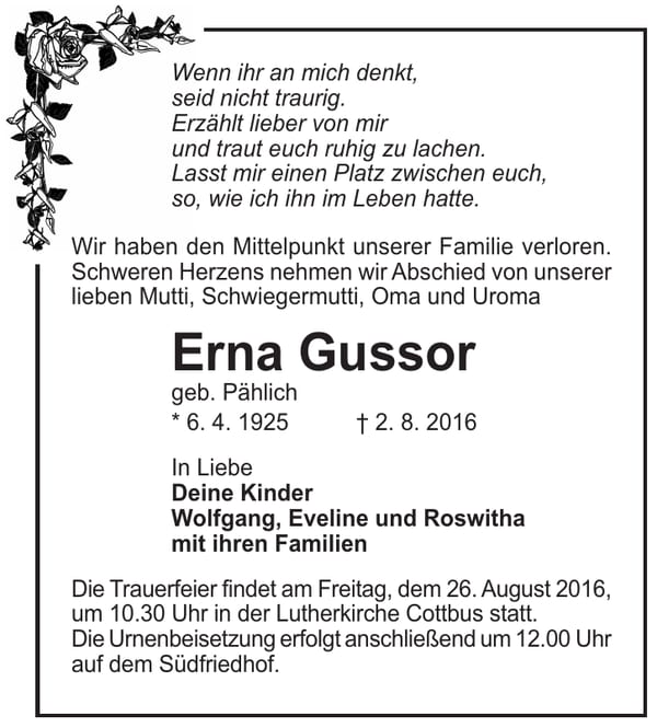 Traueranzeige Erna Gussor, geb. Pählich