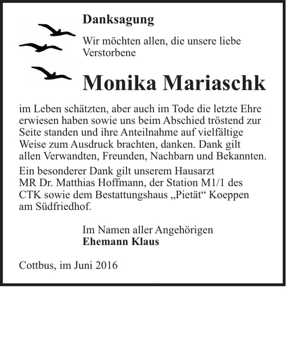 Danksagung Monika Mariaschk