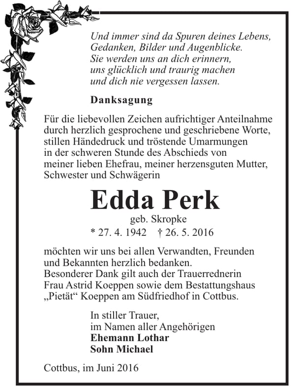 Danksagung Edda Perk, geb. Skropke