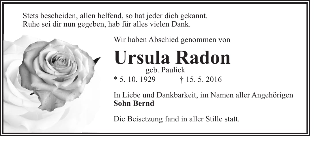Traueranzeige Ursula Radon, geb. Paulick