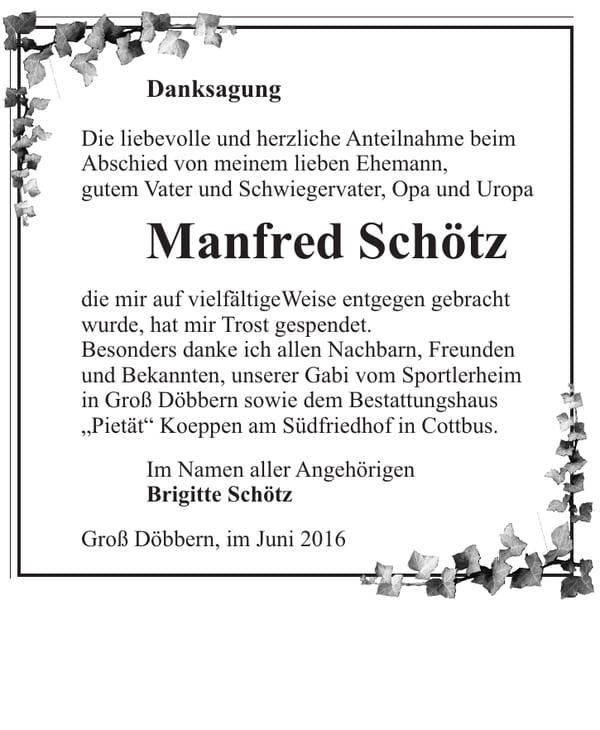 Danksagung Manfred Schötz